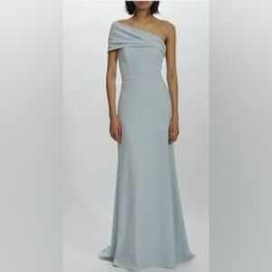 NWOT Amsale Alessia Crepe One Shoulder Gown Maxi Bridesmaid GB217P Ice Blue 10